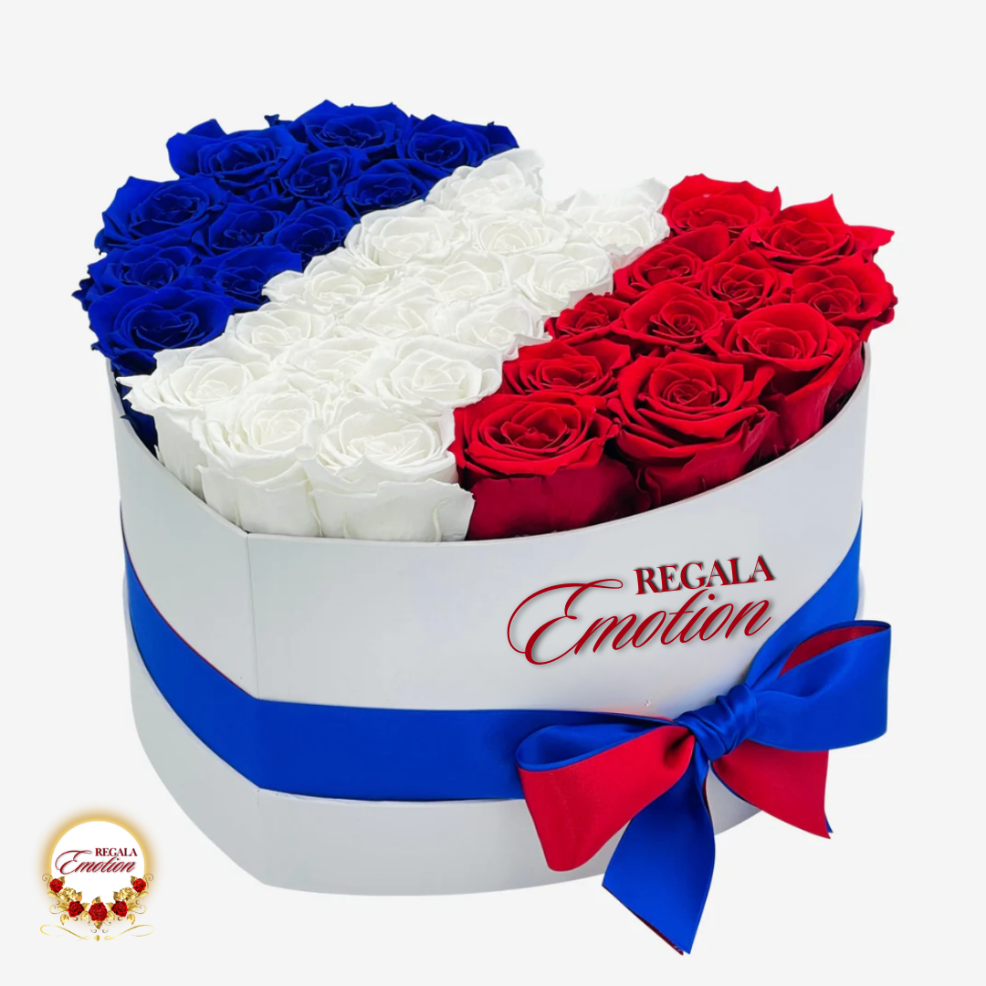 - Esta imagen representa una caja blanca en forma de corazón con rosas preservadas  Blue, blancas y rojas  duraderas en su interior colocadas de la misma manera que la bandera dFrancesa; se utiliza para representar la bandera Francesa  con rosas y hacer un regalo especial.